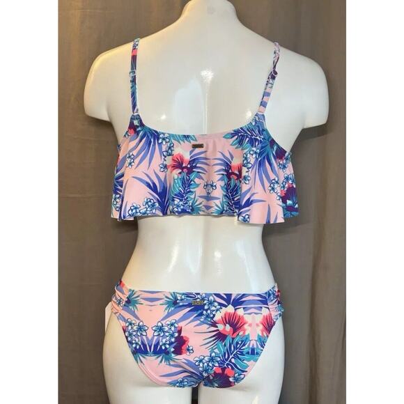 Roxy NWT Pink Hawaiian Flower 2 Piece New Bikini Swimsuit Flutter Top Small - Picture 3 of 16